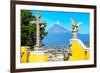 ¡Viva Mexico! Collection - Santuario Cholula and Popocatepetl Volcano in Puebla II-Philippe Hugonnard-Framed Photographic Print