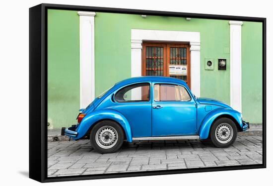 ¡Viva Mexico! Collection - The Blue VW Beetle Car with Green Street Wall-Philippe Hugonnard-Framed Stretched Canvas