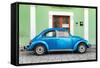 ¡Viva Mexico! Collection - The Blue VW Beetle Car with Green Street Wall-Philippe Hugonnard-Framed Stretched Canvas