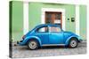 ¡Viva Mexico! Collection - The Blue VW Beetle Car with Green Street Wall-Philippe Hugonnard-Stretched Canvas