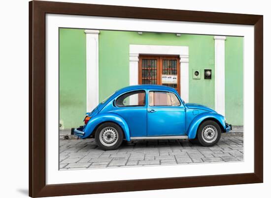 ¡Viva Mexico! Collection - The Blue VW Beetle Car with Green Street Wall-Philippe Hugonnard-Framed Photographic Print