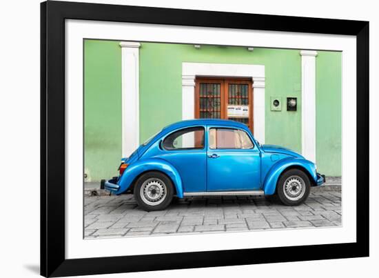 ¡Viva Mexico! Collection - The Blue VW Beetle Car with Green Street Wall-Philippe Hugonnard-Framed Photographic Print