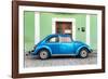 ¡Viva Mexico! Collection - The Blue VW Beetle Car with Green Street Wall-Philippe Hugonnard-Framed Photographic Print