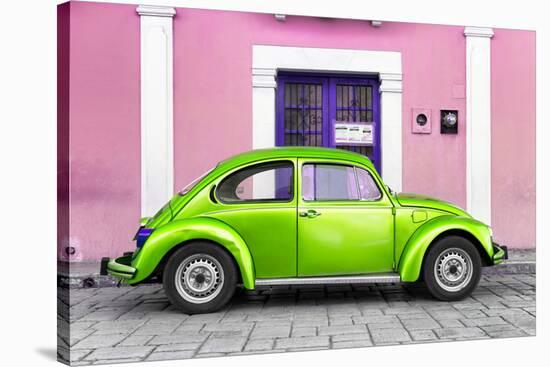 ¡Viva Mexico! Collection - The Kelly Green VW Beetle Car with Light Pink Street Wall-Philippe Hugonnard-Stretched Canvas