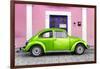 ¡Viva Mexico! Collection - The Kelly Green VW Beetle Car with Light Pink Street Wall-Philippe Hugonnard-Framed Photographic Print