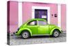 ¡Viva Mexico! Collection - The Kelly Green VW Beetle Car with Light Pink Street Wall-Philippe Hugonnard-Stretched Canvas