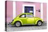 ¡Viva Mexico! Collection - The Lime Green VW Beetle Car with Light Pink Street Wall-Philippe Hugonnard-Stretched Canvas