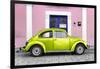 ¡Viva Mexico! Collection - The Lime Green VW Beetle Car with Light Pink Street Wall-Philippe Hugonnard-Framed Photographic Print