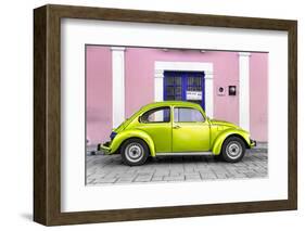 ¡Viva Mexico! Collection - The Lime Green VW Beetle Car with Light Pink Street Wall-Philippe Hugonnard-Framed Photographic Print