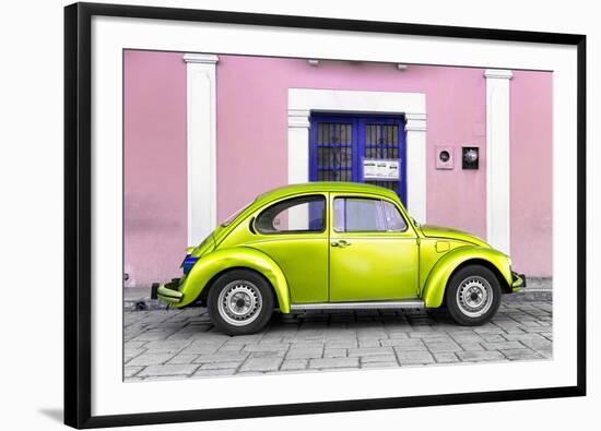 ¡Viva Mexico! Collection - The Lime Green VW Beetle Car with Light Pink Street Wall-Philippe Hugonnard-Framed Photographic Print