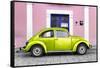 ¡Viva Mexico! Collection - The Lime Green VW Beetle Car with Light Pink Street Wall-Philippe Hugonnard-Framed Stretched Canvas