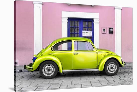 ¡Viva Mexico! Collection - The Lime Green VW Beetle Car with Light Pink Street Wall-Philippe Hugonnard-Stretched Canvas