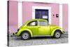 ¡Viva Mexico! Collection - The Lime Green VW Beetle Car with Light Pink Street Wall-Philippe Hugonnard-Stretched Canvas