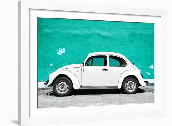 ¡Viva Mexico! Collection - White VW Beetle Car and Turquoise Street Wall-Philippe Hugonnard-Framed Photographic Print