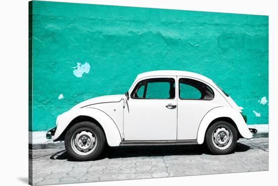 ¡Viva Mexico! Collection - White VW Beetle Car and Turquoise Street Wall-Philippe Hugonnard-Stretched Canvas