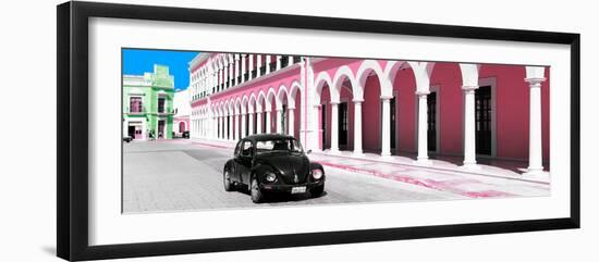 ¡Viva Mexico! Panoramic Collection - Black VW Beetle and Light Pink Architecture-Philippe Hugonnard-Framed Photographic Print