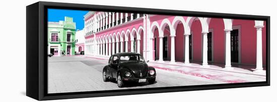 ¡Viva Mexico! Panoramic Collection - Black VW Beetle and Light Pink Architecture-Philippe Hugonnard-Framed Stretched Canvas