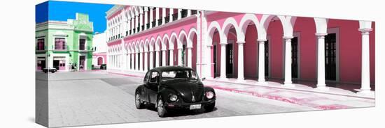 ¡Viva Mexico! Panoramic Collection - Black VW Beetle and Light Pink Architecture-Philippe Hugonnard-Stretched Canvas
