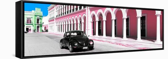 ¡Viva Mexico! Panoramic Collection - Black VW Beetle and Light Pink Architecture-Philippe Hugonnard-Framed Stretched Canvas