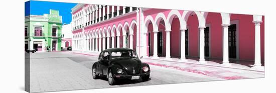 ¡Viva Mexico! Panoramic Collection - Black VW Beetle and Light Pink Architecture-Philippe Hugonnard-Stretched Canvas