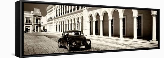 ¡Viva Mexico! Panoramic Collection - Black VW Beetle and Mexican Architecture Sepia-Philippe Hugonnard-Framed Stretched Canvas