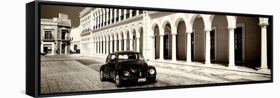 ¡Viva Mexico! Panoramic Collection - Black VW Beetle and Mexican Architecture Sepia-Philippe Hugonnard-Framed Stretched Canvas
