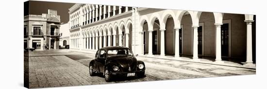 ¡Viva Mexico! Panoramic Collection - Black VW Beetle and Mexican Architecture Sepia-Philippe Hugonnard-Stretched Canvas