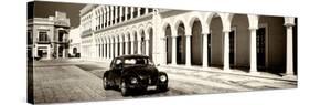 ¡Viva Mexico! Panoramic Collection - Black VW Beetle and Mexican Architecture Sepia-Philippe Hugonnard-Stretched Canvas