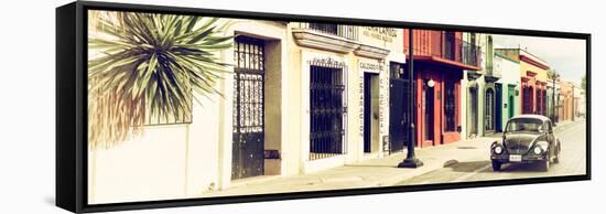 ¡Viva Mexico! Panoramic Collection - Colorful Mexican Street with Black VW Beetle III-Philippe Hugonnard-Framed Stretched Canvas