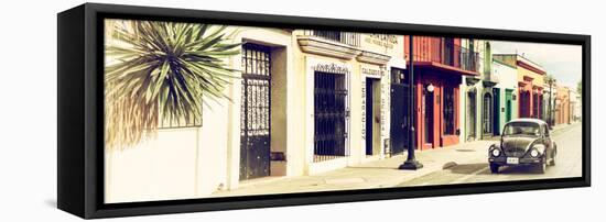 ¡Viva Mexico! Panoramic Collection - Colorful Mexican Street with Black VW Beetle III-Philippe Hugonnard-Framed Stretched Canvas