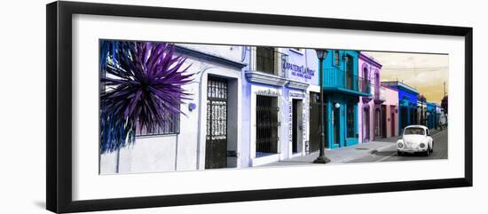 ¡Viva Mexico! Panoramic Collection - Colorful Mexican Street with White VW Beetle III-Philippe Hugonnard-Framed Photographic Print