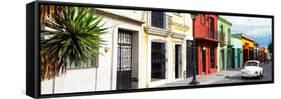 ¡Viva Mexico! Panoramic Collection - Colorful Mexican Street with White VW Beetle-Philippe Hugonnard-Framed Stretched Canvas