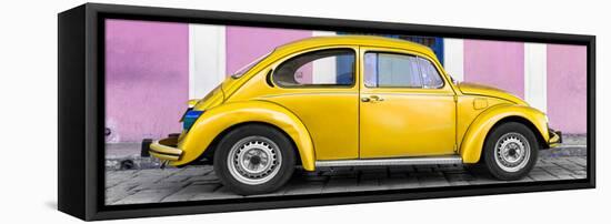 ¡Viva Mexico! Panoramic Collection - The Gold VW Beetle Car with Light Pink Street Wall-Philippe Hugonnard-Framed Stretched Canvas