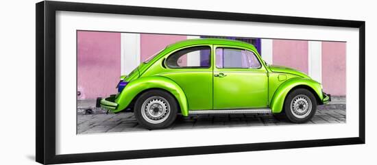 ¡Viva Mexico! Panoramic Collection - The Kelly Green VW Beetle Car with Light Pink Street Wall-Philippe Hugonnard-Framed Photographic Print