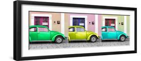 ¡Viva Mexico! Panoramic Collection - Three VW Beetle Cars with Colors Street Wall I-Philippe Hugonnard-Framed Photographic Print