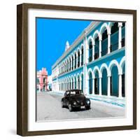 ¡Viva Mexico! Square Collection - Black VW Beetle and Blue Architecture in Campeche-Philippe Hugonnard-Framed Photographic Print