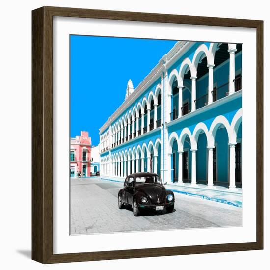 ¡Viva Mexico! Square Collection - Black VW Beetle and Blue Architecture in Campeche-Philippe Hugonnard-Framed Photographic Print