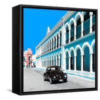 ¡Viva Mexico! Square Collection - Black VW Beetle and Blue Architecture in Campeche-Philippe Hugonnard-Framed Stretched Canvas