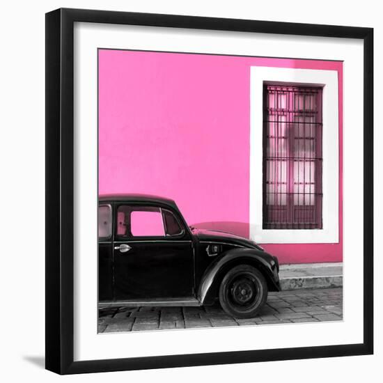 ¡Viva Mexico! Square Collection - Black VW Beetle Car with Hot Pink Street Wall-Philippe Hugonnard-Framed Photographic Print