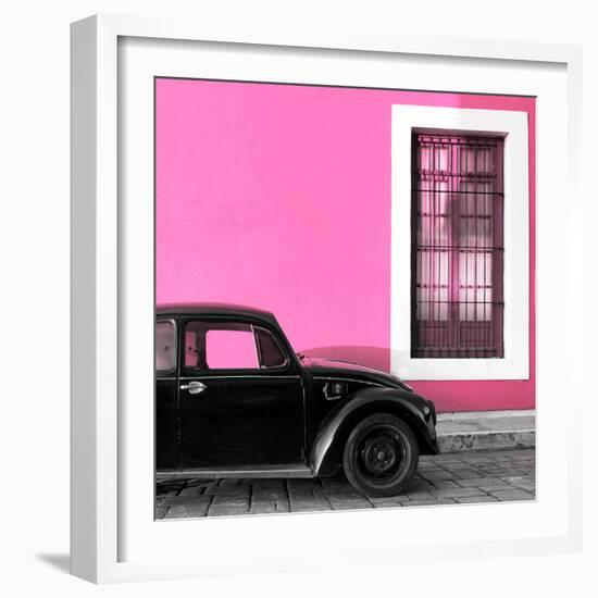 ¡Viva Mexico! Square Collection - Black VW Beetle Car with Hot Pink Street Wall-Philippe Hugonnard-Framed Photographic Print