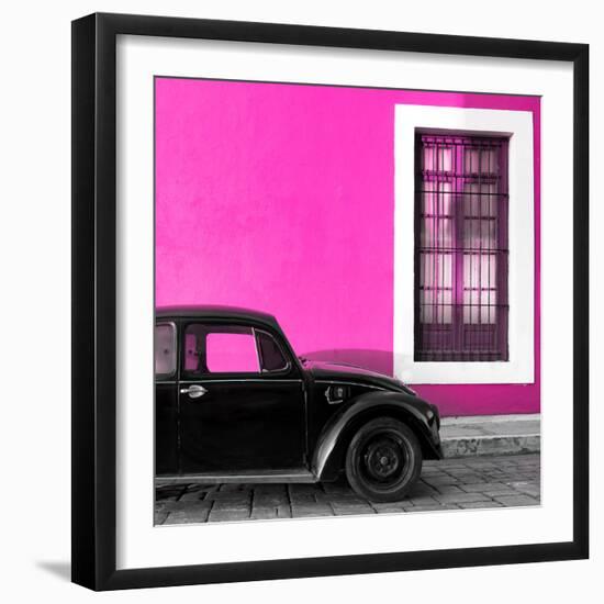 ¡Viva Mexico! Square Collection - Black VW Beetle Car with Pink Street Wall-Philippe Hugonnard-Framed Photographic Print