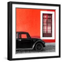 ¡Viva Mexico! Square Collection - Black VW Beetle Car with Red Street Wall-Philippe Hugonnard-Framed Photographic Print