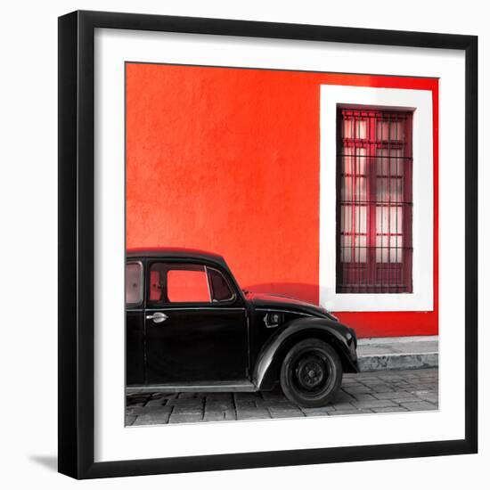 ¡Viva Mexico! Square Collection - Black VW Beetle Car with Red Street Wall-Philippe Hugonnard-Framed Photographic Print