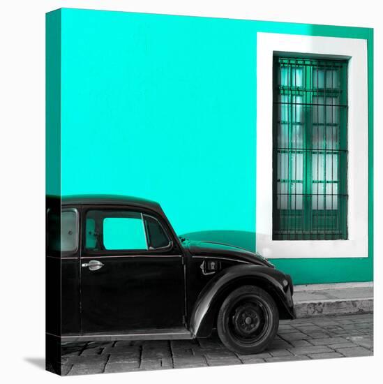 ¡Viva Mexico! Square Collection - Black VW Beetle Car with Turquoise Street Wall-Philippe Hugonnard-Stretched Canvas