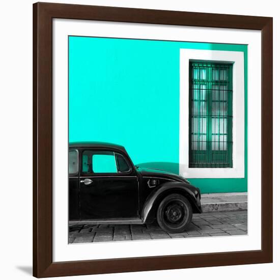 ¡Viva Mexico! Square Collection - Black VW Beetle Car with Turquoise Street Wall-Philippe Hugonnard-Framed Photographic Print