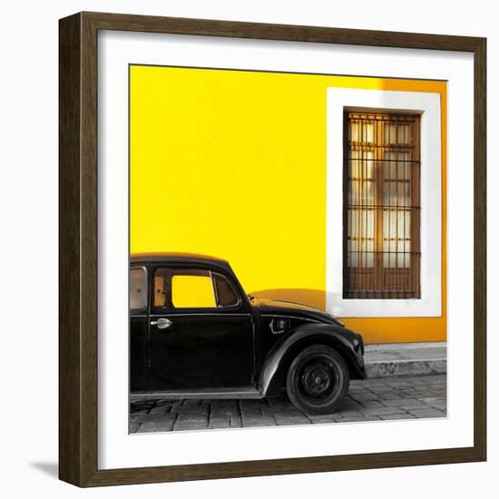 ¡Viva Mexico! Square Collection - Black VW Beetle Car with Yellow Street Wall-Philippe Hugonnard-Framed Photographic Print
