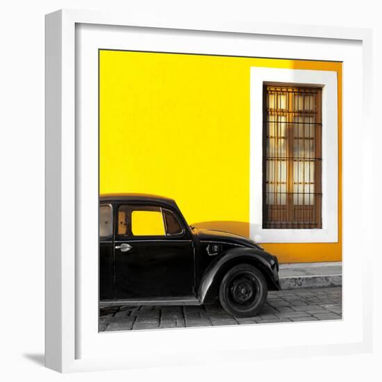 ¡Viva Mexico! Square Collection - Black VW Beetle Car with Yellow Street Wall-Philippe Hugonnard-Framed Photographic Print