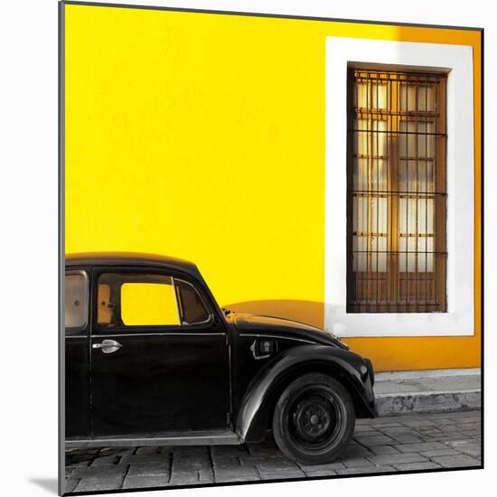 ¡Viva Mexico! Square Collection - Black VW Beetle Car with Yellow Street Wall-Philippe Hugonnard-Mounted Photographic Print