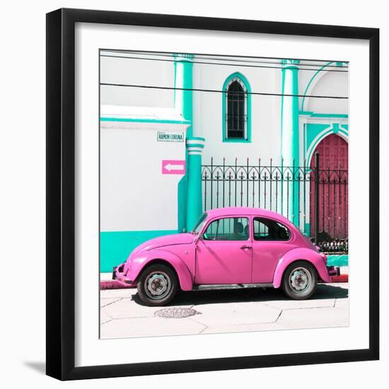 ¡Viva Mexico! Square Collection - Pink VW Beetle in San Cristobal-Philippe Hugonnard-Framed Photographic Print