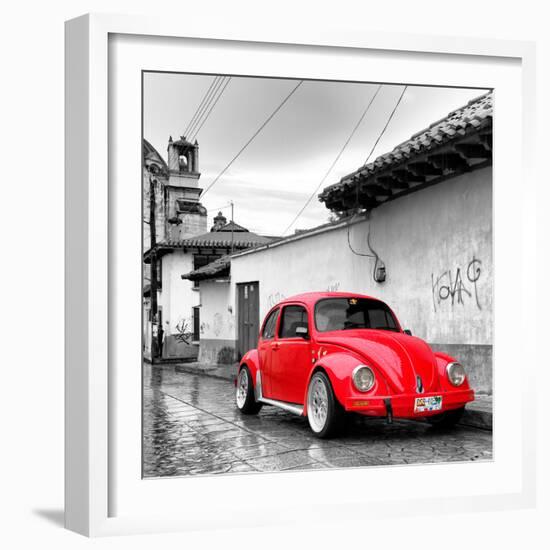 ¡Viva Mexico! Square Collection - Red VW Beetle Car in San Cristobal de Las Casas-Philippe Hugonnard-Framed Photographic Print